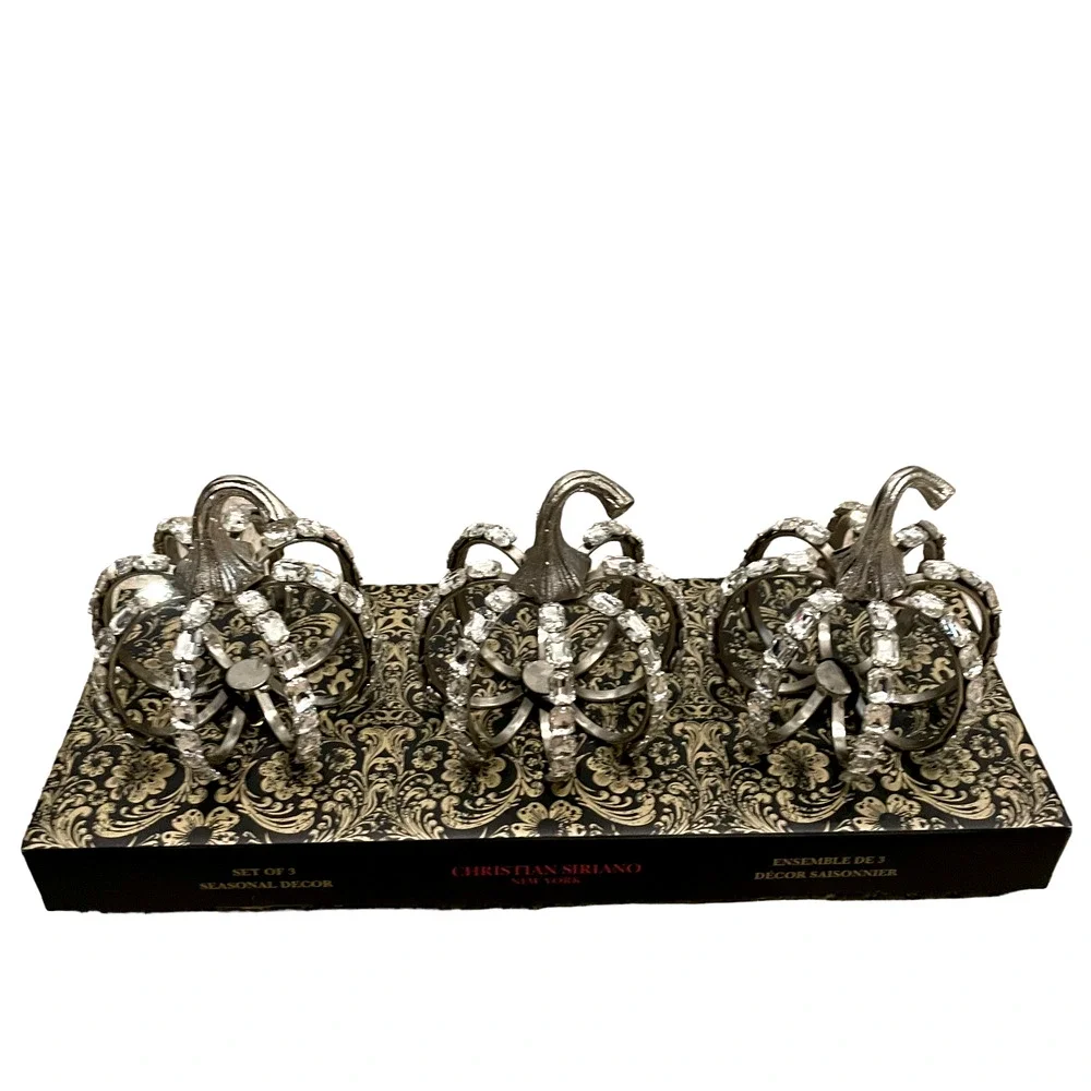 Christian Siriano Crystal Jeweled Metal Pumpkins Set of 3 Silver Halloween GLAM